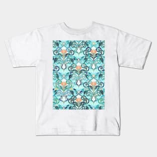 Ocean Aqua Art Nouveau Pattern with Peach Flowers Kids T-Shirt